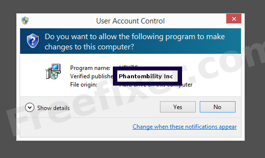 Screenshot where Phantombility Inc appears as the verified publisher in the UAC dialog